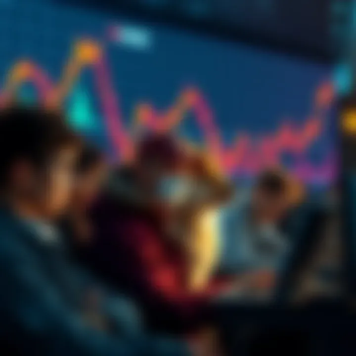 A graph showing falling DOGE prices with sad community members looking at their screens, reflecting disappointment and struggle.