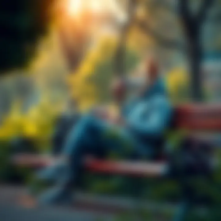 Doge Investor Reflects A dedicated Doge investor sitting on a park bench, looking contemplative while holding a Dogecoin token, surrounded by greenery.