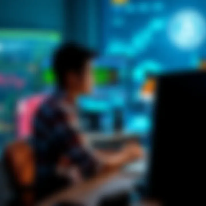 A person sitting at a desk, focused on their computer screen displaying DOGE mining software, with cryptocurrency graphics in the background.