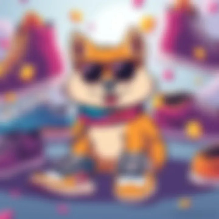 A cartoon Doge meme wearing stylish sneakers, surrounded by colorful footwear and playful elements, highlighting sneaker culture.