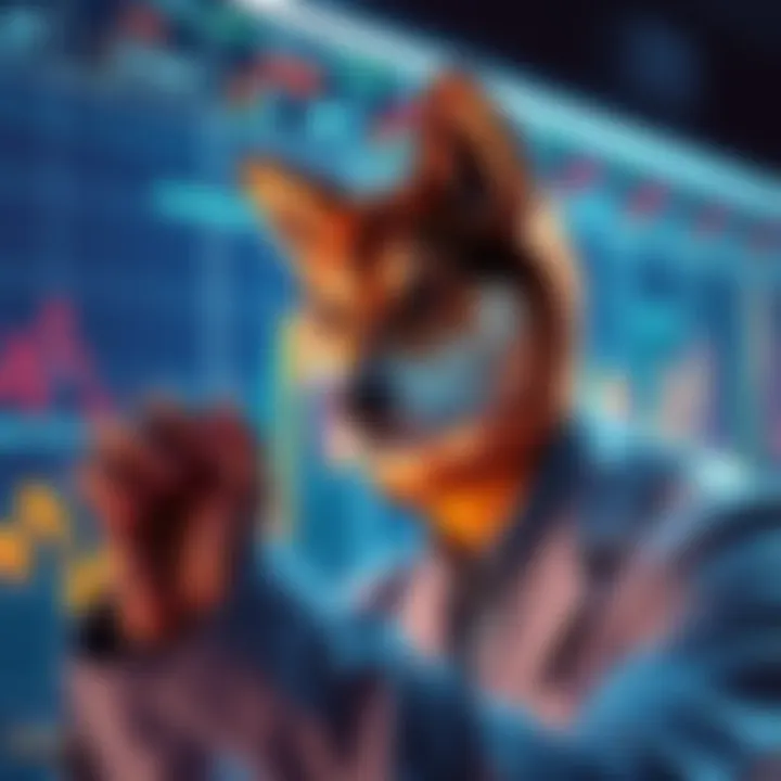 A graph showing the recent performance trends of Doge USD with upward and downward movements highlighted. An expert examines the chart with a focused expression.