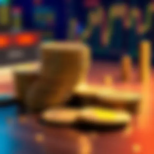 A close-up of Dogecoin coins stacked on a table, symbolizing investment decisions.