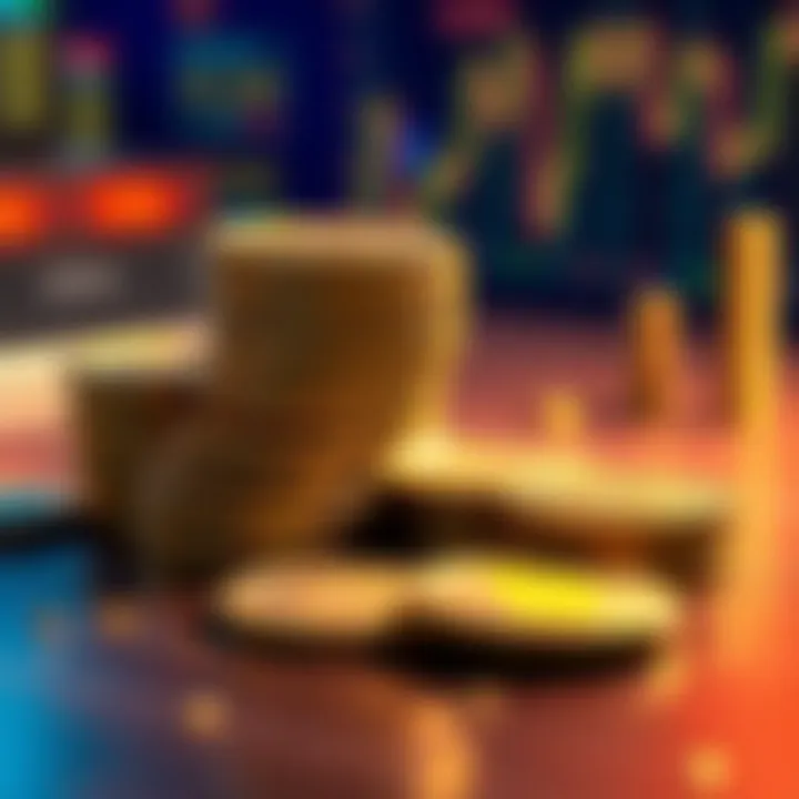 A close-up of Dogecoin coins stacked on a table, symbolizing investment decisions.