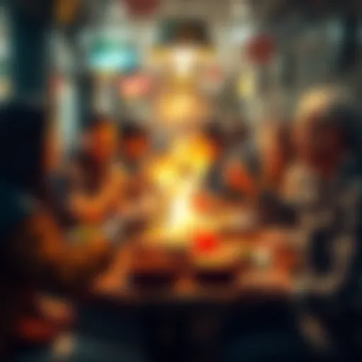 Members of the Dogecoin community enjoying a lively lunch together, sharing laughs and friendship.