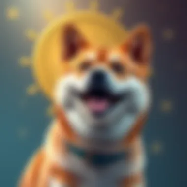 Dogecoin logo with a happy dog A cheerful Shiba Inu dog with the Dogecoin logo in the background, symbolizing accessibility and fairness in cryptocurrency.