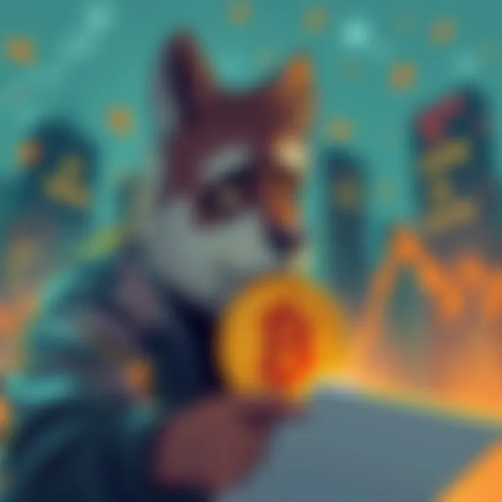 An illustration depicting the volatility of cryptocurrency investments, featuring a worried investor looking at a falling Dogecoin graph.