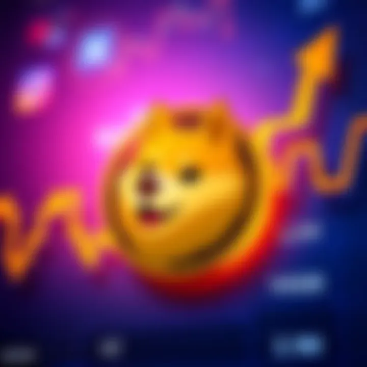 A graphic showing Dogecoin's logo alongside a price chart indicating fluctuating values, symbolizing market trends and predictions.