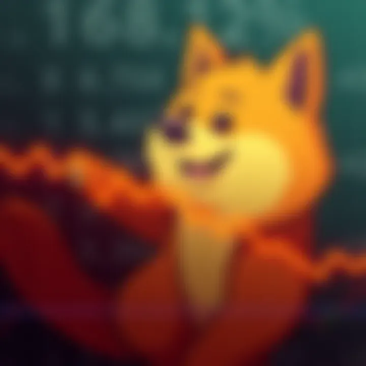 Dogecoin Price Chart A downward trend line showing Dogecoin's price drop over time on a graph with a dog mascot in the background.