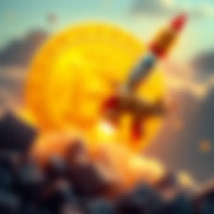 Dogecoin Price Surge A graphical representation of Dogecoin's price rising sharply with a rocket symbolizing its growth.