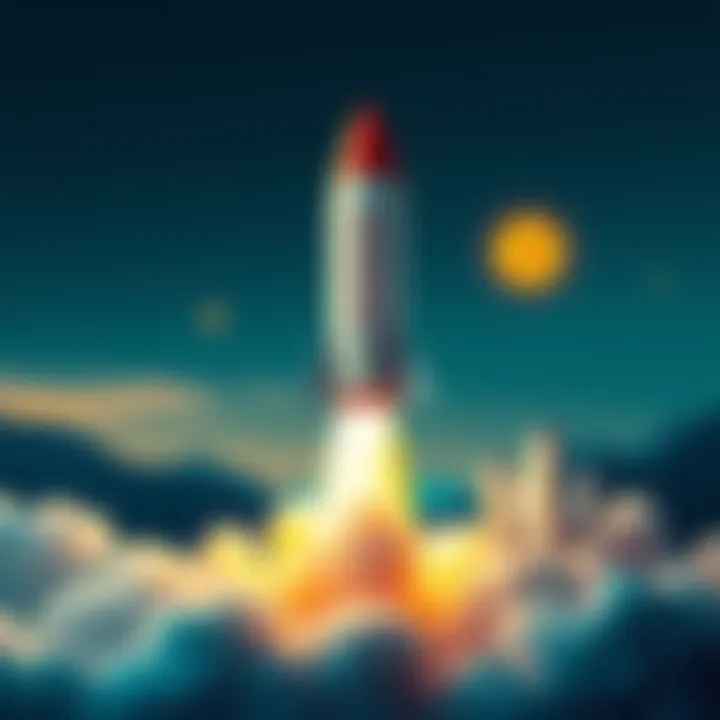 Graphic of a rocket labeled Dogecoin taking off, symbolizing growth and excitement in the cryptocurrency market.
