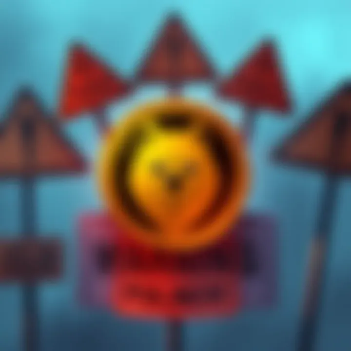 A graphic depicting a worried Dogecoin logo surrounded by warning signs. The image conveys urgency for Dogecoin holders to secure their funds.