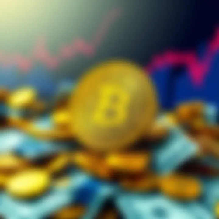 Visual of Dogecoin coins surrounded by cash and upward trend charts, symbolizing potential wealth growth from investments.