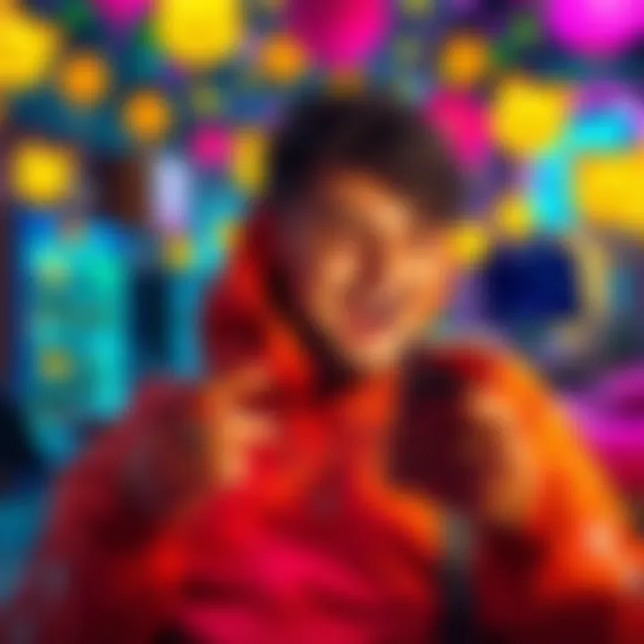 A casual investor joyfully checking their Dogecoin investment on a smartphone, surrounded by vibrant Dogecoin-themed decorations.