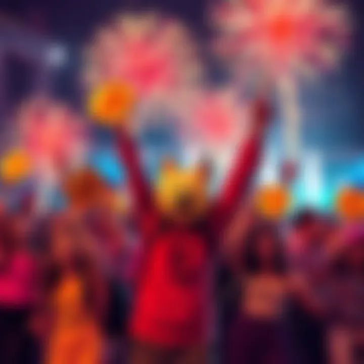 A group of excited people holding Dogecoin signs and celebrating a price increase with fireworks in the background