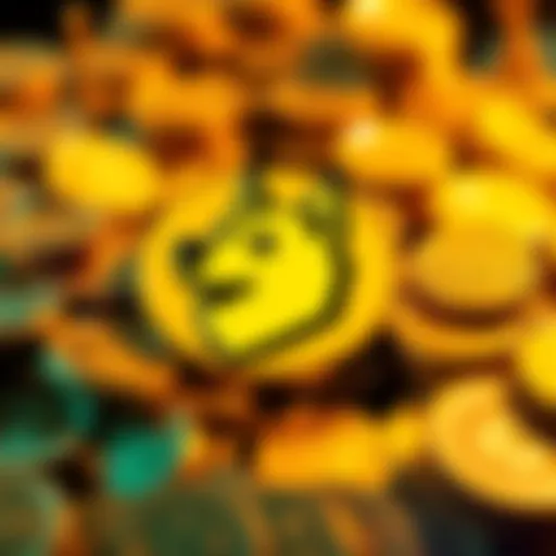 A bright and colorful Dogecoin logo surrounded by gold coins, symbolizing its comeback in the crypto market.