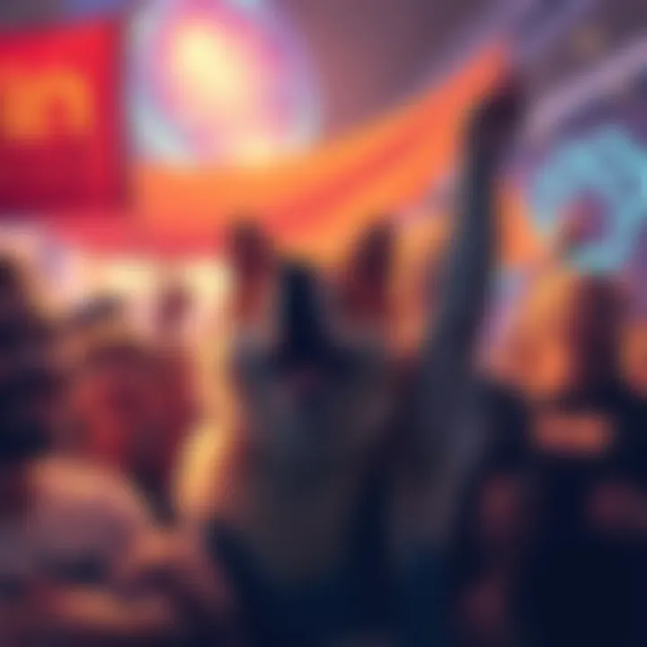 A vibrant gathering of Dogecoin supporters sharing enthusiasm and motivation in 2026, with banners and cheerful expressions.