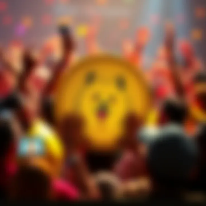 Dogecoin logo with community members A vibrant community of people celebrating around the Dogecoin logo, showcasing enthusiasm and positive energy for the cryptocurrency.