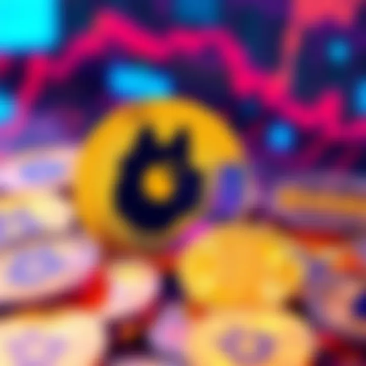 A visual representation of Dogecoin coins with a digital interface showcasing DogeOS features, highlighting decentralized finance concepts