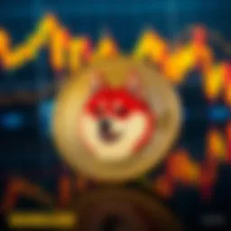 Dogecoin with Falling Graph A Dogecoin coin in front of a declining stock market graph, symbolizing uncertainty in the crypto market.