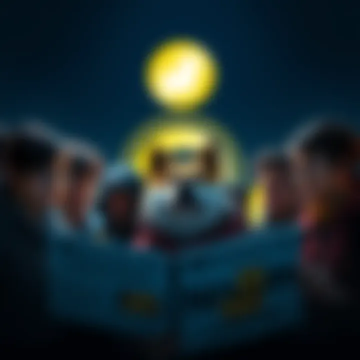 A group of Dogecoin supporters looking concerned as they review negative news articles about the Dogecoin Foundation, with a Dogecoin logo in the background.