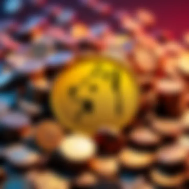 Dogecoin Symbol with Coins A Dogecoin symbol surrounded by shiny coins, representing growth in cryptocurrency.
