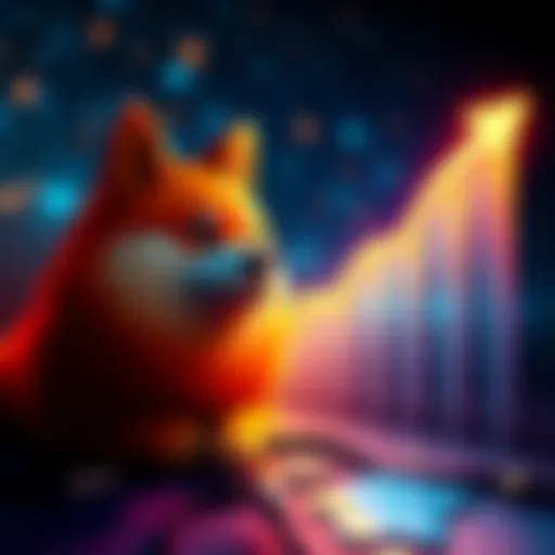 A vibrant Dogecoin logo next to a rising growth chart, representing predictions for its future