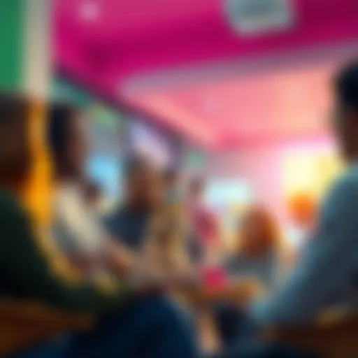 A group of people discussing Dogecoin's future in a casual setting, expressing positive thoughts about its value increase.