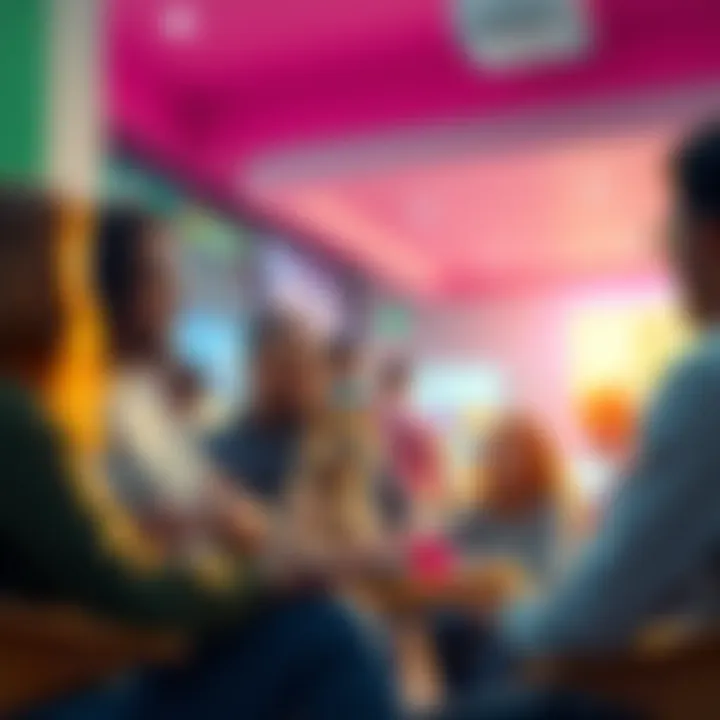 A group of people discussing Dogecoin's future in a casual setting, expressing positive thoughts about its value increase.