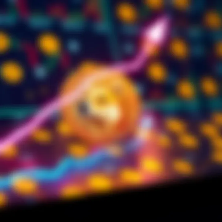 A digital representation of Dogecoin with a rising graph indicating potential growth, set against a background of cryptocurrency symbols.