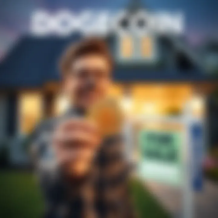 A cheerful person holding a Dogecoin coin in front of a new home with a 'For Sale' sign