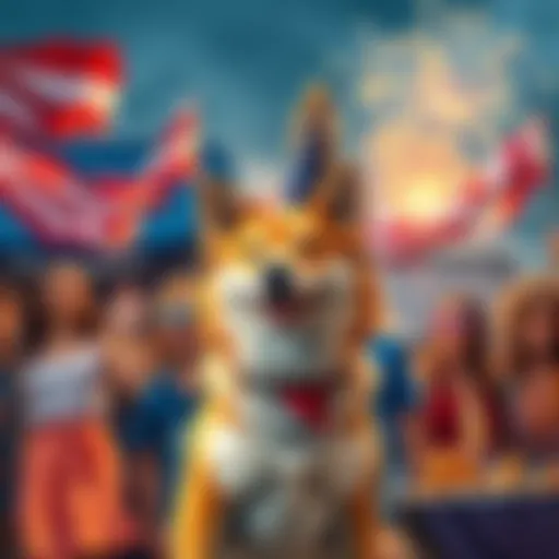 A group of people celebrating Independence Day with Dogecoin-themed decorations and flags, featuring a cheerful dog alongside festive elements like fireworks and BBQ.