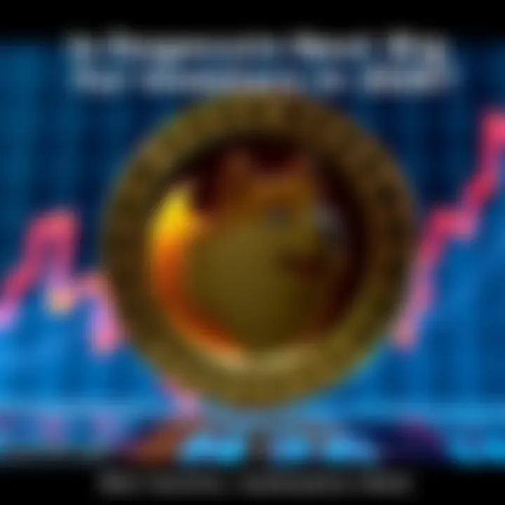 A shiny Dogecoin coin in front of a rising graph showing investment trends