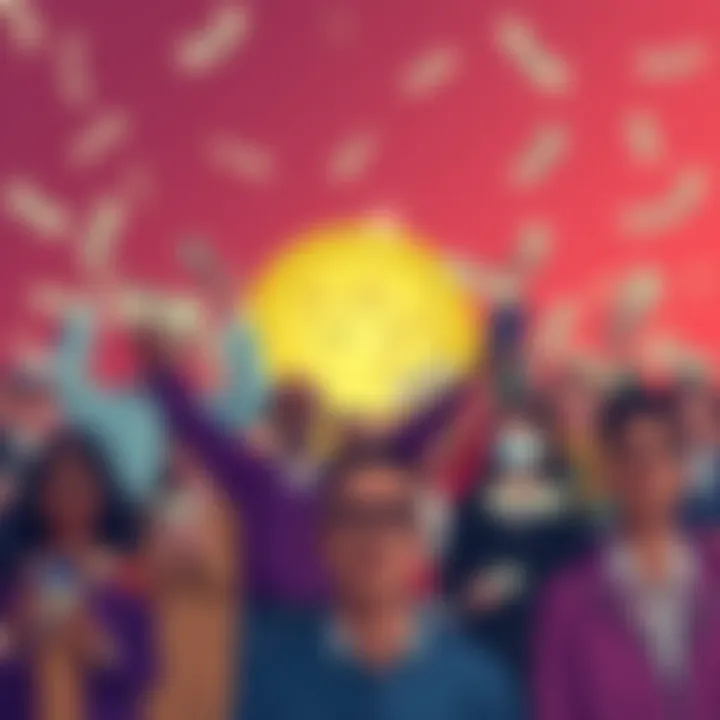 A group of diverse people holding dollar bills with Dogecoin logo in the background, symbolizing collective investment in Dogecoin.