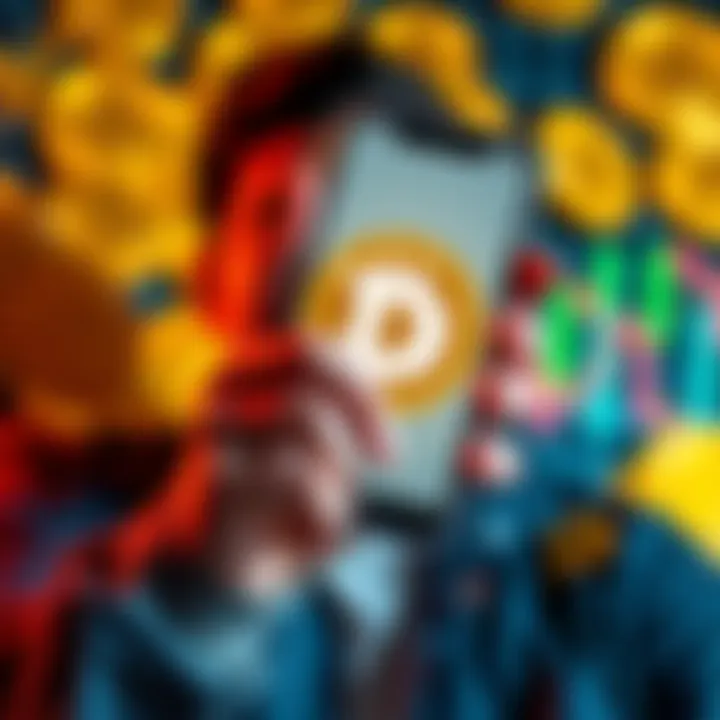 A person holding a smartphone displaying Dogecoin's logo, with a thoughtful expression, surrounded by coins and financial charts in the background