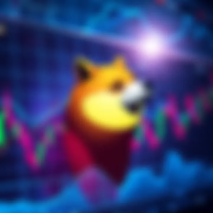 A visual representation of Dogecoin's fluctuating market performance with a dog mascot symbolizing its brand