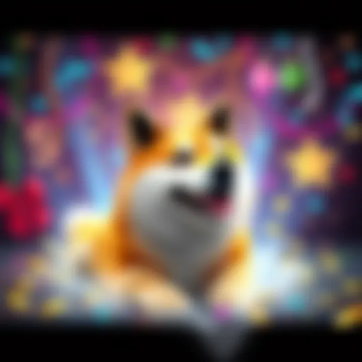 A vibrant depiction of Dogecoin with a festive background, symbolizing the excitement around May 5th.