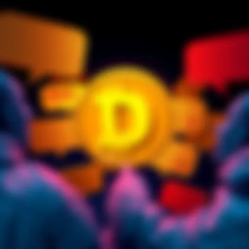 A Dogecoin symbol surrounded by speech bubbles showing both positive and negative comments about it