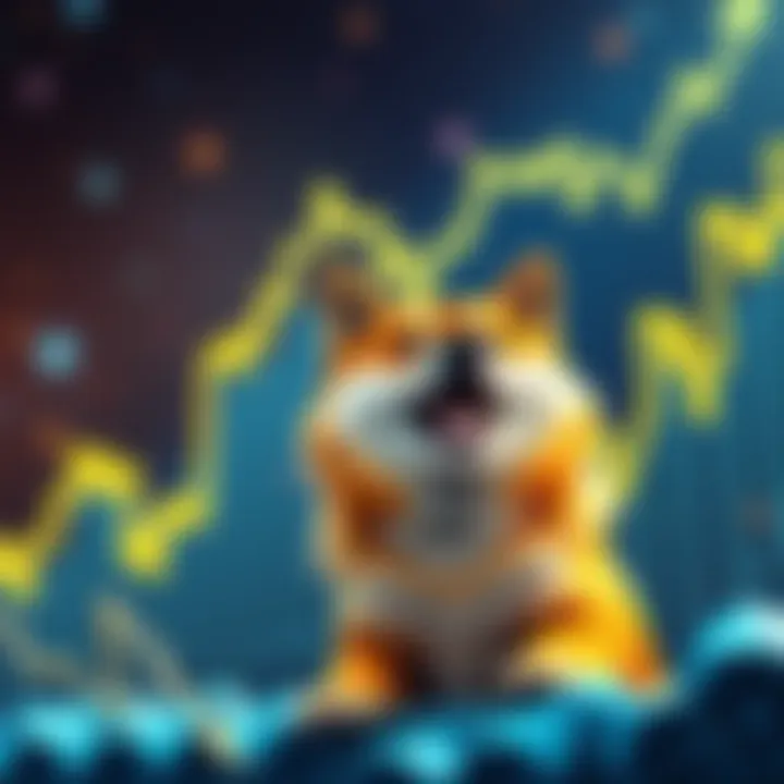 A graphic showing a rising Dogecoin price chart with a Doge meme dog looking excited