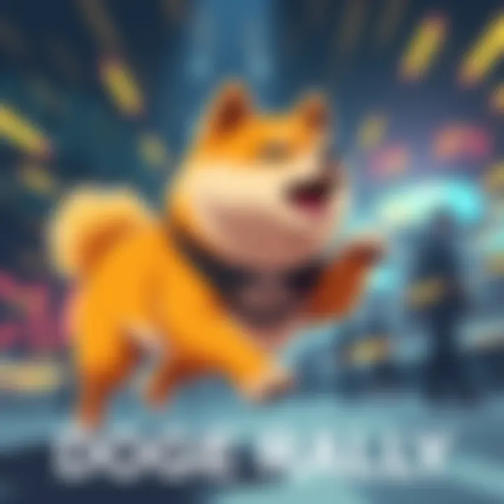 A dynamic visualization of Dogecoin's price surge with a playful Shiba Inu mascot embodying excitement and momentum.