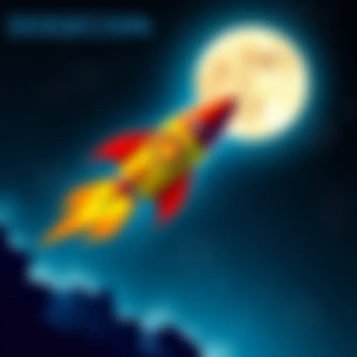 A stylized rocket with DogeCoin logos soaring through a starry sky depicting a journey to the moon