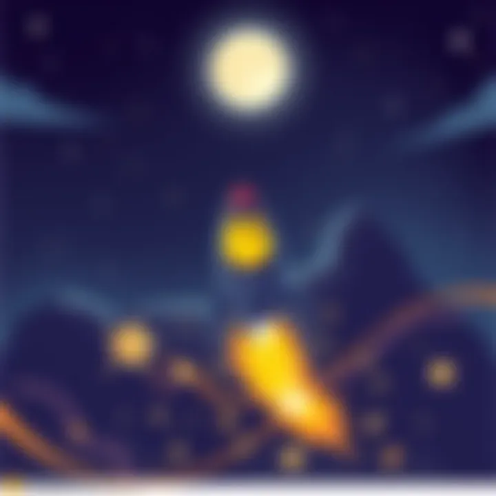 A cartoon rocket featuring the Dogecoin logo blasting off towards the moon, symbolizing investment success.