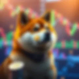 A shiba inu dog representing Doge Coin with a colorful background of digital coins and charts. The image symbolizes the cryptocurrency's community support and popularity.