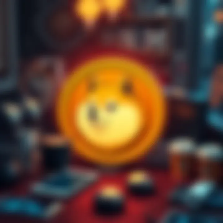 Dogecoin Symbol A large Dogecoin logo surrounded by everyday items like coffee cups and smartphones, showing its influence in daily life.