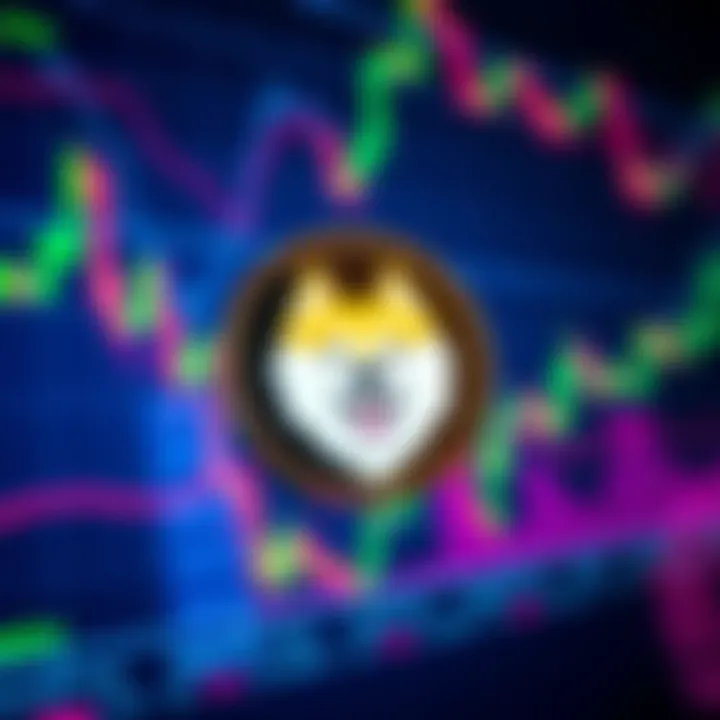 The Dogecoin logo displayed on a digital screen with fluctuating cryptocurrency charts in the background