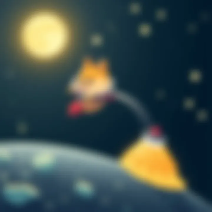 A cartoonish Dogecoin flying in a rocket towards the moon, surrounded by stars