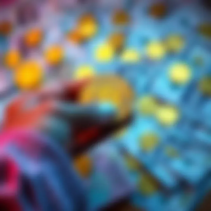 A person holding Dogecoin coins with a backdrop of banknotes representing fiat currency