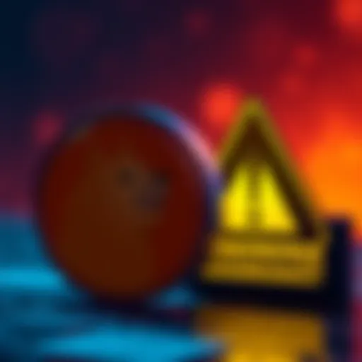 A Dogecoin logo next to a warning symbol, representing concerns about its centralized nature