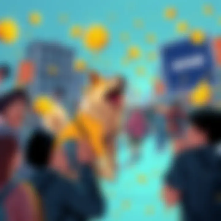 Empowering Dogecoin: A Community Movement A vibrant illustration representing the Dogecoin community rallying for a weekly withdrawal day, with digital coins and private wallets depicted creatively.