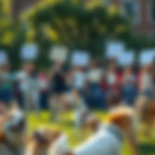 A community gathering with people holding signs advocating for dog welfare, surrounded by happy dogs playing in a park.