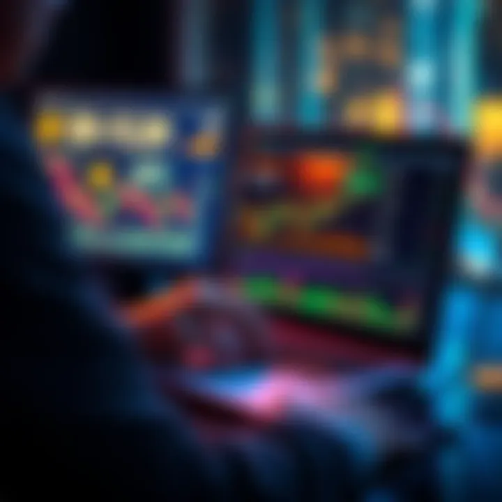 A person analyzing cryptocurrency trends on a laptop with graphs showing BTC, ETH, SOL, and CHAIN prices in a downward trend.